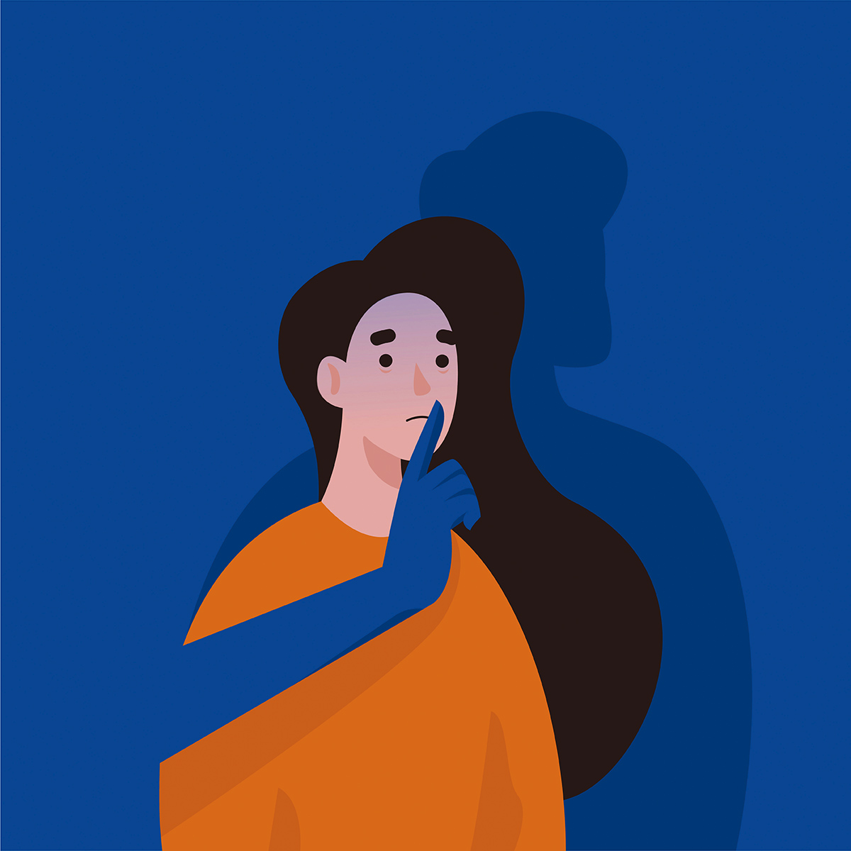 An illustration of a woman with her finger to her lip as if to say "shh"