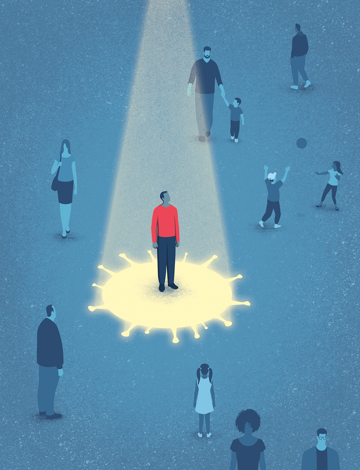 An illustration of a man standing in a COVID-19 shaped spotlight while others move about him in shadow.