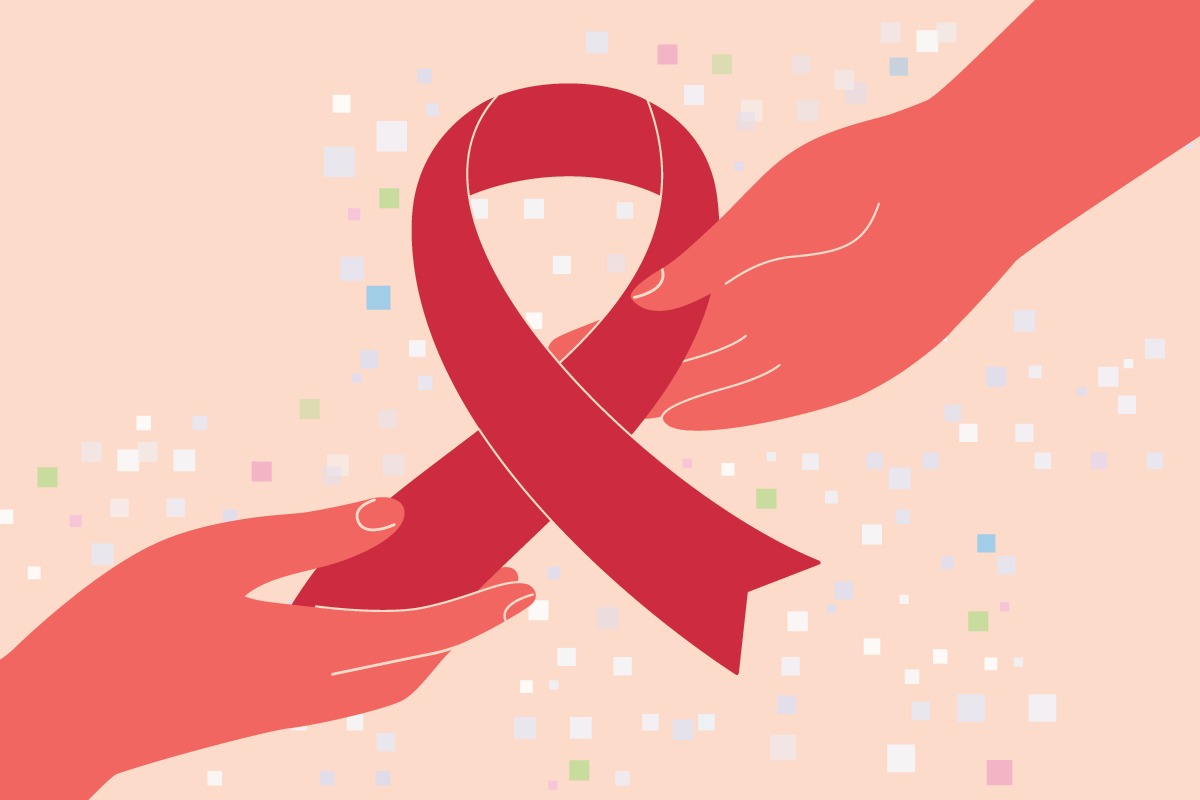 an illustration of a hand handing a red HIV ribbon to another hand