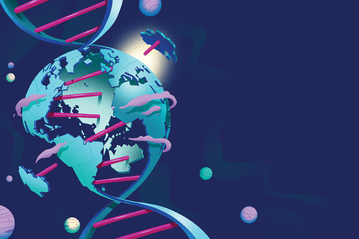 an illustration of Earth inside a DNA gene chain