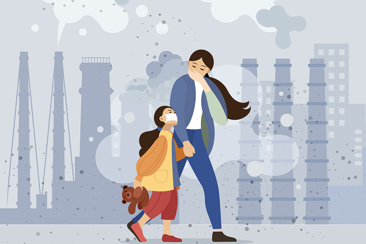 an illustration of a woman and child walking in a city with polluted air