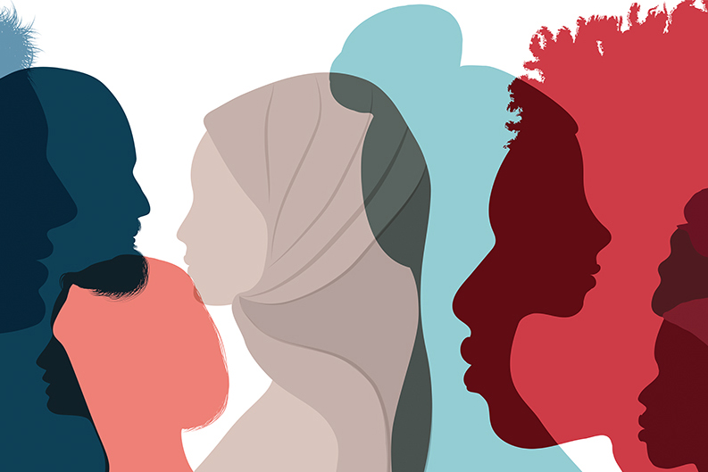 an abstract illustration of diverse faces in profile