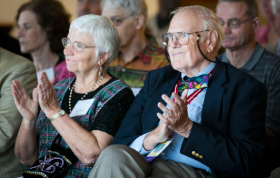 Dottie Foster has been his wife and collaborator for 57 years. One of their collaborations has spawned more than 300 microfinance projects for women in Guatemala. They are shown here at Rollins last fall, when Stan received the Distinguished Achievement Award from the RSPH Alumni Association. 